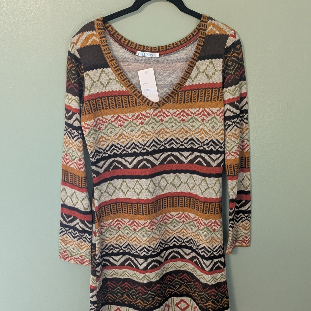 Women's Colorful Geometric Knit Short Long Sleeved Sweater Dress